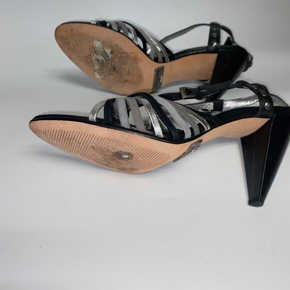 Bridget Shuster Black Silver Gray Leather Tassel Ankle Strap Heeled Sandals 7.5 - Picture 10 of 10